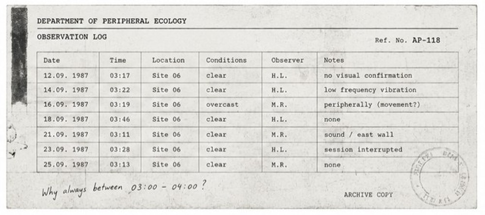 Observation log, Ref. No. AP-118, listing a week of overnight observation sessions at Site 06 with a handwritten margin note asking why sessions always fall between 03:00 and 04:00.