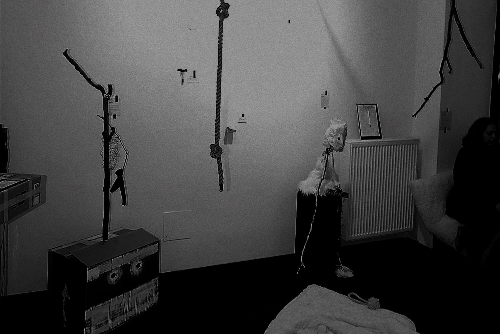 Interior of the test enclosure: a branch figure on a cardboard box with two eyes, a knotted rope hanging from the ceiling, a white figure on a plinth beside a radiator, and bedding on the floor.